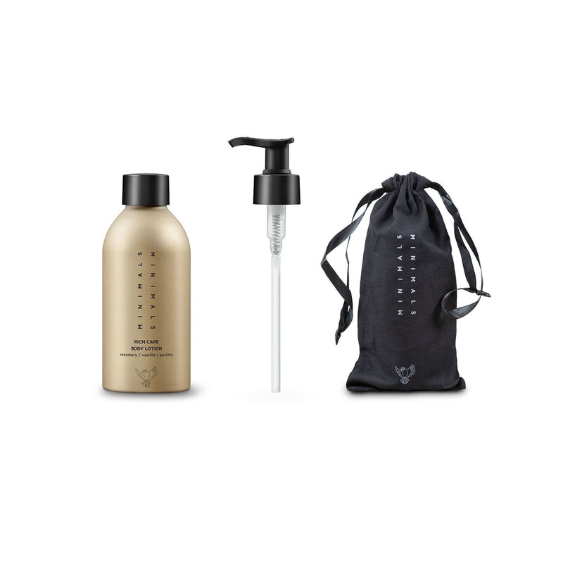 Rich Care Body Lotion Starter Set includes minimals bottle, rich care body lotion, a pump and a cotton pouch